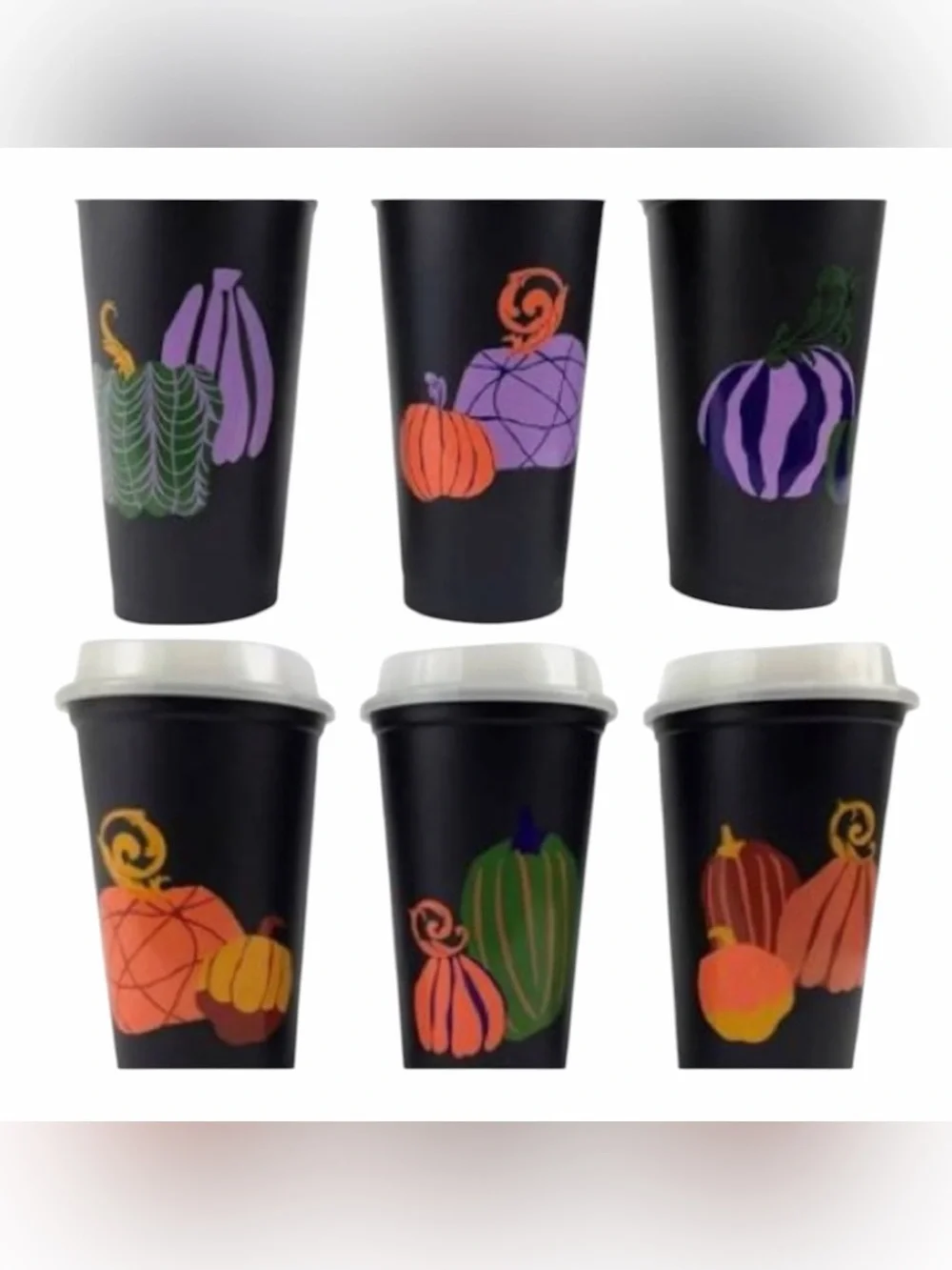 Starbucks Fall Pumpkin Hot Cups 6 Pack Travel Glow in Dark Lids NEW in Box Black